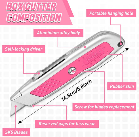 DIYSELF 2 Pack Box Cutter, Aluminum Utility Knife, Box Cutter Retractable, Sturdy Razor Knife for Cardboard, Boxes, Packages, Papers, Cartons, Box...