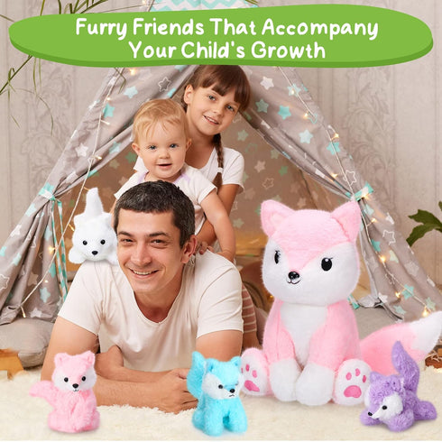 Valentine's Day Gifts 5 Pcs Fox Plush Toy Set 14 Inch Pink Mommy Fox Stuffed Animal with 4 Cute Plush Baby Foxes in Tummy Soft Cuddly Fox Plushie ...