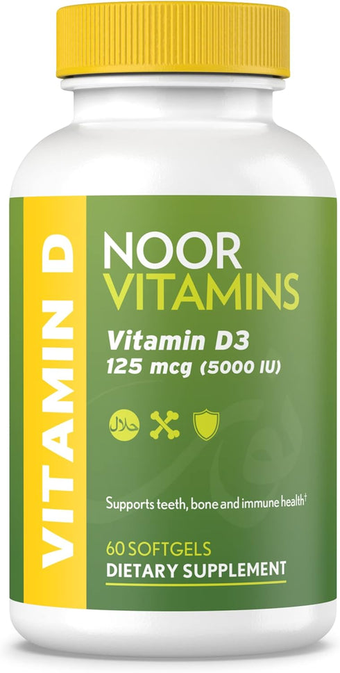 Noor Vitamins Halal Vitamin D, Halal Vitamin D3, 5000 IU Softgels, Supports Bone, Immune & Heart Health, from Safflower Oil to Maximize Absorption...