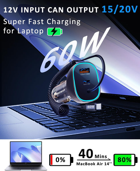 90W USB C Car Charger with 5ft 60W Type C Coiled Cable, Super Fast Car Charger Adapter with Transparent Body, Cigarette Lighter Adapter for iPhone...