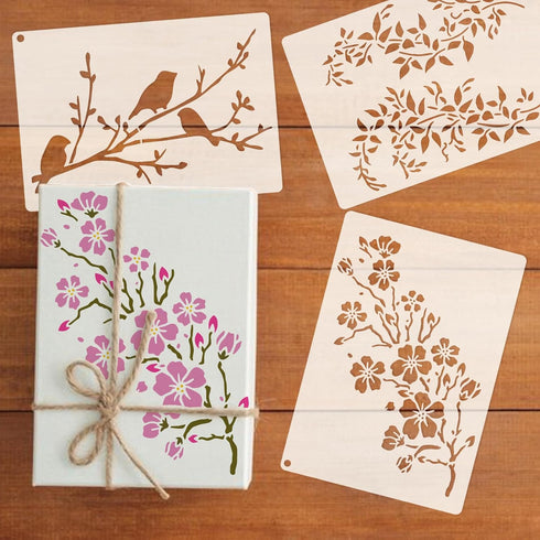 Wildflower Stencils for Painting on Wood, Vine Cherry Blossom Bird Tree Leaf Stencils for Crafts Reusable Wood Burning Drawing Art Paint Stencils ...