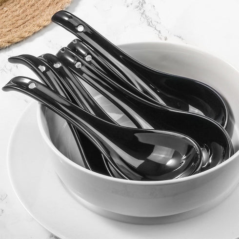 Black Ceramic Soup Spoons Set, 6.75 inch Deep Oval Hook Design, Dishwasher Safe - Perfect for Ramen, Pho, Noodles, Stews, Wonton, Dumpling, Miso...