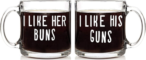 AW Fashions I Like His Guns, I Like Her Buns Couples Mug - Funny Couple Mug - (2) 13OZ Glass Coffee Mug - Funny Mug Set - Mugs For boyfriend and G...