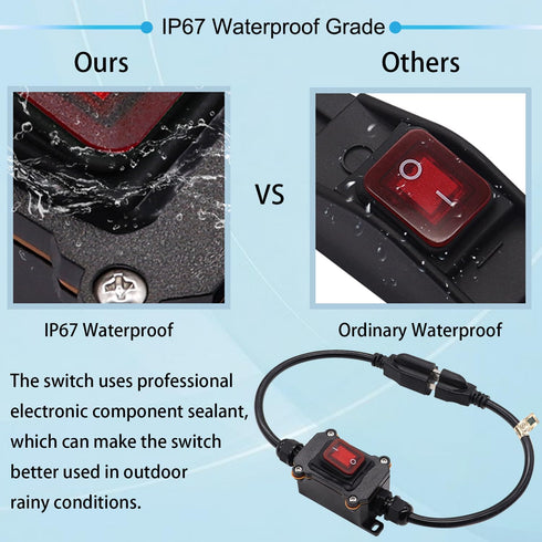 IP67 Waterproof Outdoor 3 Prong Extension Cord with Inline Switch On/Off 16A/250V 20A/125V AC 16AWG 2FT Outlets Power Cords Heavy Duty Red LED Lig...