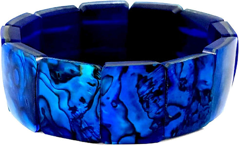 Natural Abalone Shell Stretchable Cuff Bracelet Set in Blue Resin Handmade Women Paua Jewelry DA492-B...