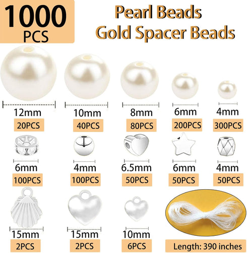1000Pcs Pearl Beads for Bracelets Making, Pearl Beads for Jewelry Making for Adults, Silver Bracelet Beads DIY Kit, Silver Spacer Beads for Bracel...