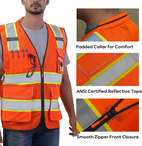 Reflective Safety Vest Orange Mesh, High Visibility Vest with Pockets and Zipper, Padded Neck, Construction Work Vest ANSI Class 2, Orange with Ye...