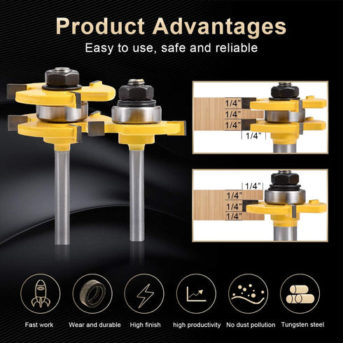 KATUR Tongue and Groove Router Bit Set, 1/4 Inch Shank Grooving Router Bit, Wood Milling Saw Cutter, New Woodworking Tools, 3 Teeth T Shape (1/4" ...