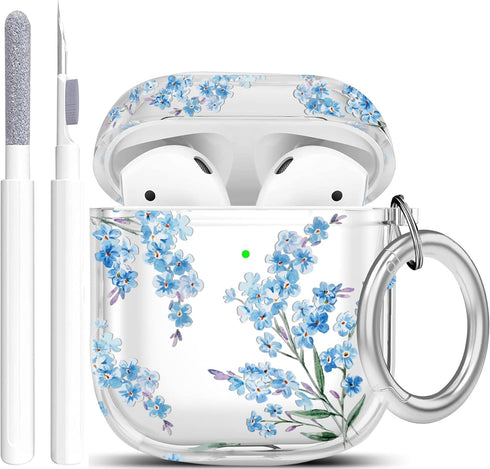 Protective Clear Floral Case Cover with Cleaner Kit Portable Shockproof Women Girls with Keychain for Apple Airpods 2/1 Charging Case - Clear/Blue...
