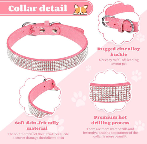 2 Pieces PU Leather Dog Collar Pink Rhinestone Pet Collar Flower Pattern Studded Dog Collar Adjustable Bling Puppy Collar PU Leather Crystal Pet C...