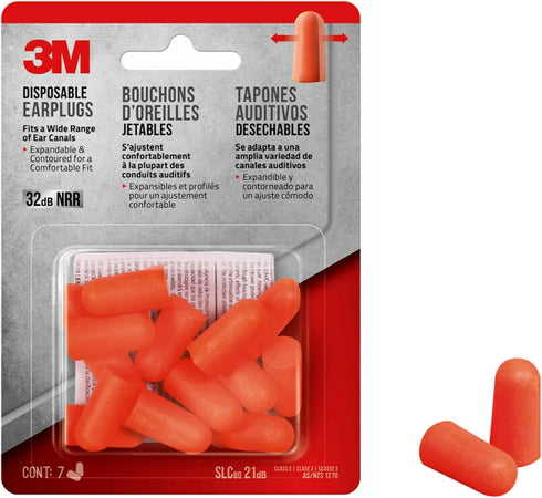 3M Disposable Earplugs, 7 Pairs (14 Total Plugs), Noise Reduction Rating (NRR) 32 dB, Easy To Insert & Remove, Expandable & Contoured For Comforta...