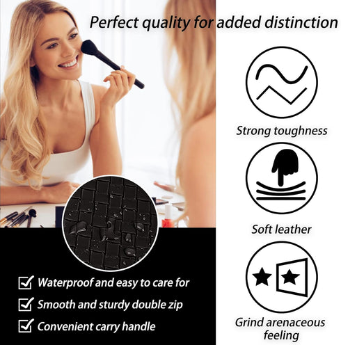 Travel Cosmetic Bag Large Capacity Make Up Bag PU Leather Waterproof Portable with Handle and Divider Multifunctional Bag (Black-braid)...