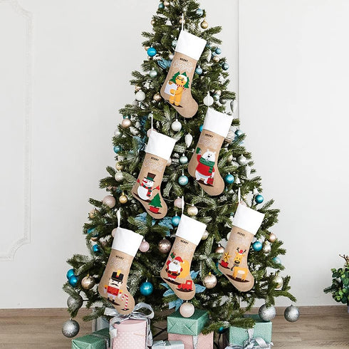 Beyond Your Thoughts Family Burlap Rustic Cartoon Cute Christmas Stocking Oranments Set of 6 (Extra Large) Embroidered Linen Christmas Family Deco...