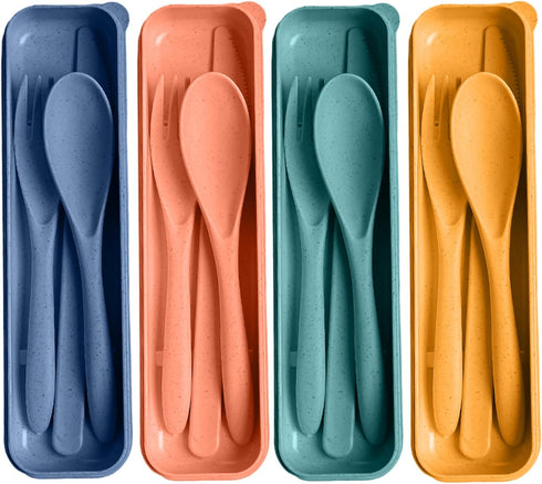 Travel Utensils with Case, 4 Sets Reusable Utensils Set with Case, Wheat Straw Utensils for Lunch Box Accessories, Camping Utensil Set for School ...