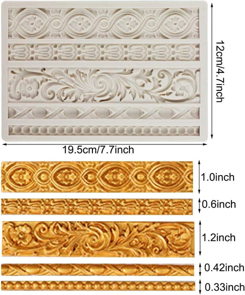 3 Pieces Baroque Fondant Molds Scroll Border Lace Silicone Molds Curlicues Gum Paste Candy Chocolate Molds for Cake Decorating Sugar Craft Polymer...