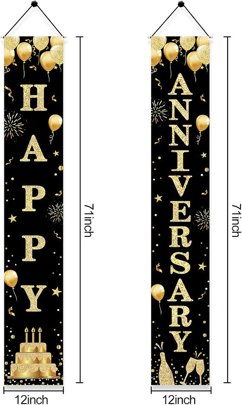 Wedding Anniversary Door Banner - Black Gold Happy Anniversary Sign for Party Decorations, Welcome Porch Outdoor Supplies...