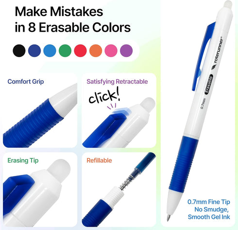 8 Multicolor Erasable Gel Pens + 8 FREE Ink Refills 0.7mm Retractable Fine Point Smooth Planner Pens Eraser Pen for Coloring Best Erasable Pens fo...