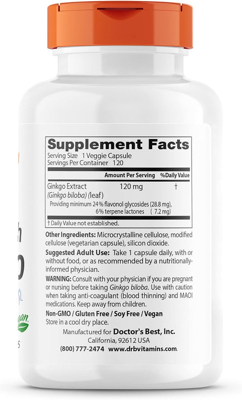 Doctor's Best Extra Strength Ginkgo, Non-GMO, Gluten Free, Vegan, Soy Free, Promotes Mental Function and Memory, 120 mg, 120 Count (Pack of 1)...