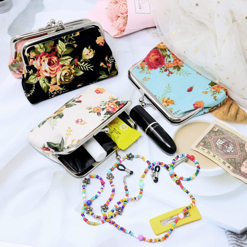 Honbay 4PCS Canvas Floral Rose Flower Coin Purse Kiss Lock Change Purse Vintage Trinkets Pouch Small Women Wallet Clutch Purse...
