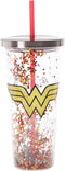 Spoontiques - 21337 Wonder Woman Logo Glitter Cup w/Straw, One Size, Red & Gold, 20 ounces...