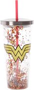 Spoontiques - 21337 Wonder Woman Logo Glitter Cup w/Straw, One Size, Red & Gold, 20 ounces...