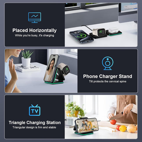 3 in 1 Wireless Charging Station for iPhone Multiple Devices, Foldable Magnetic Wireless Charger Pad Mag-Safe Travel Charger Stand for iPhone 15 1...