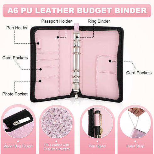 Toplive A6 Budget Binder with Zipper, 6 Ring Refillable Planner Binder Cover for A6 Cash Budget System, PU Leather Personal Organizer Personal Wal...