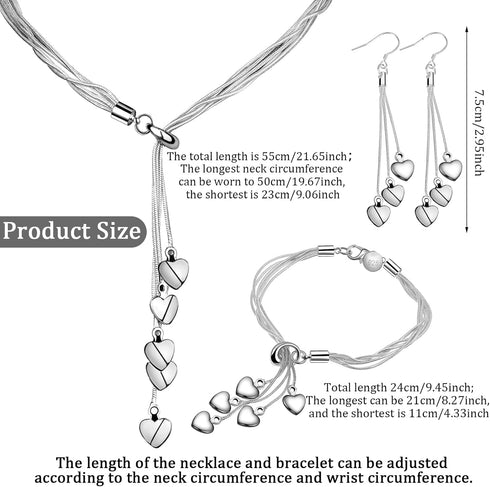 Droutti 3 Pack Italian Silver Heart Chain Necklace for Women, Long Five-line Chain Heart Love Line Necklace Link Chain Bracelet Heart Earring Jewe...