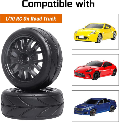12mm Hex 1/10 On Road Wheels and Tires Soft With Foam Inserts for RC Touring Car Traxxas 4tec 2.0 Tamiya TT02 TT01 Drift, Set of 4...