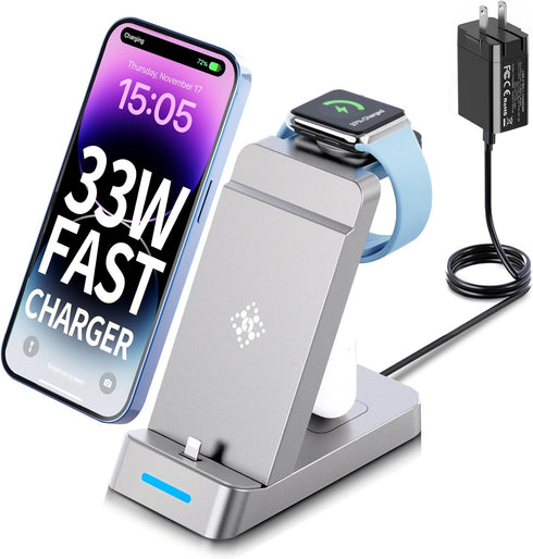 3 in 1 Charging Station for Apple - 33W Fast Multiple Charging Station for iPhone 14/13/12/11, Apple Watch and AirPods (33W USB-C Charger Included...