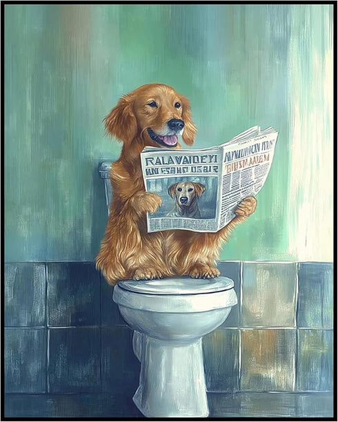 Posterizer 1 pcs-drawing style art-funny dog on toilet reading newspaper 2-Bathroom Restroom Art-Art for Animal Lovers-Decor for Home & Office- un...