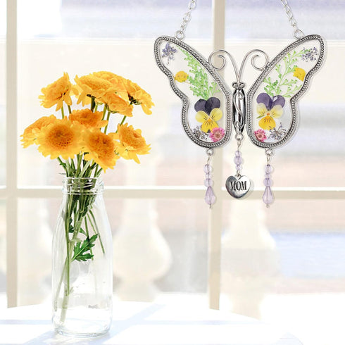 Butterfly Gifts for Mom Mother Real Flowers Wind Chimes Indoor Room Decor Unique Birthdays Gifts for Mom Christmas Butterfly Gift for Women Blue F...