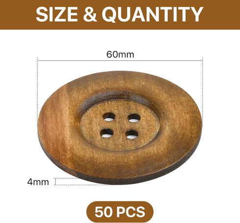 50 Pcs 2.36inch Large Wood Buttons, 4 Holes Big Size Round Sewing Button 60mm Natural Wooden Buttons for Craft DIY Projects Sewing Decoration Bag ...