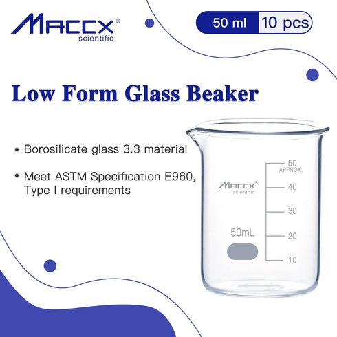 1.7oz(50ml) Sturdy Glass Beaker, 3.3 Borosilicate Griffin Low Form with Printed Graduation, Pack of 10, BKL050-010...