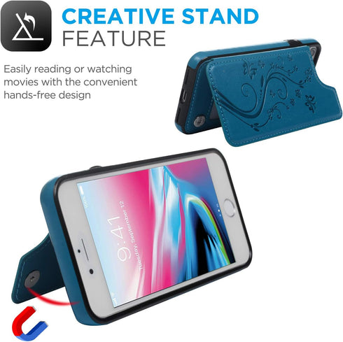 Compatible with iPhone 7 & 8 (4.7 inch) Flip Case, Blue Synthetic Leather Butterfly Embossed Kickstand Card Holder Wallet Case with Credit Card Sl...