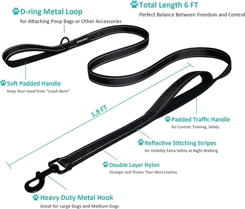 Heavy Duty Dog Leash - 2 Handles by Padded Traffic Handle for Extra Control, 6foot Long - Perfect for Medium to Large Dogs (Dark Blue, 6 ft)...
