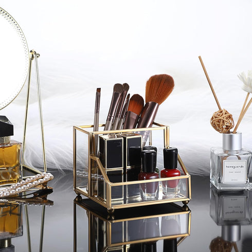 Hipiwe Glass Business Card Holder Stand with Pen/Pencil Organizer Gold Business Name Cards Display Holder for Home Office Desktop Countertop, 2 Sl...