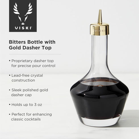 Viski Belmont Crystal Glass Cocktail Bitters Bottle with Gold Dasher Top, Elegant Barware for Cocktail Party or Special Occasion, Home Bar Accesso...