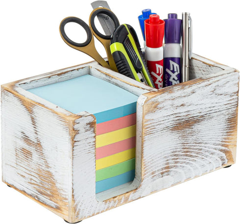 MyGift Shabby White Washed Solid Wood Sticky Note and Stationery Holder Stand, Office Desktop Storage Caddy for Self Adhesive Memo Pads Pen Pencil...