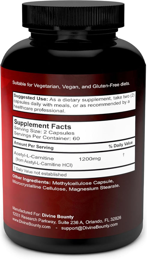 Divine Bounty Acetyl L-Carnitine Capsules 1200mg Per Serving - L Carnitine Supplement 120 Vegetarian Capsules...