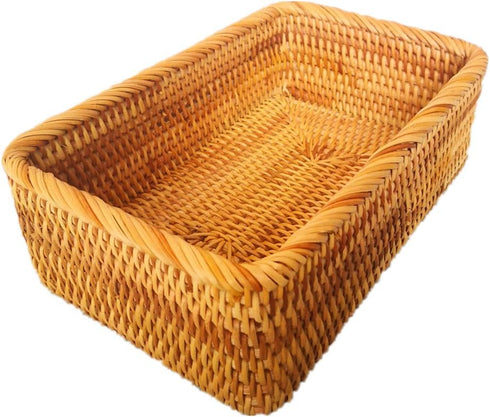 Handmade Rectangle Wicker Fruit Box Rattan Tray Magazine Organizer and Small Objects Container Serving Basket (Medium)...