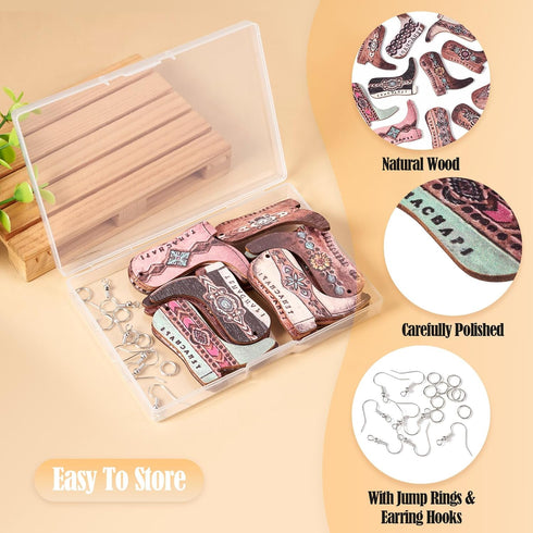 Beadthoven Earrings Making Kit Cowboy Boots Wood Earring Dangle Charms 22pcs Western Cowboy Boot Pendants Assorted Wood Pendants with Earring Hook...