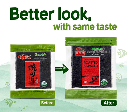 CHOI's 1 Organic Roasted Seaweed, Gim, Sushi Nori/ (50 full sheets)/ Product of Korea/ Gold Grade- Vegan, Keto, Gluten Free, Full of Fiber, Vitami...