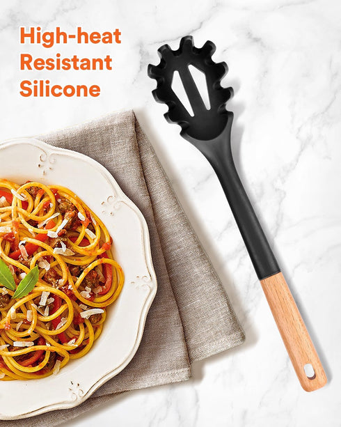 Silicone Pasta Fork, Kitchen Heat Resistant Noodle Spoon Server, BPA Free Spaghetti Strainer,12.8 inch (Black)...