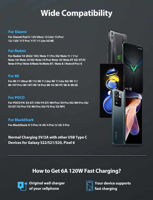 USB C Cable 6 ft for Xiaomi 120W HyperCharge Turbo Fast Charging,6A Type C Cable Premium Nylon Braided USB-C to USB A Charger for Xiaomi Pad 5 12 ...