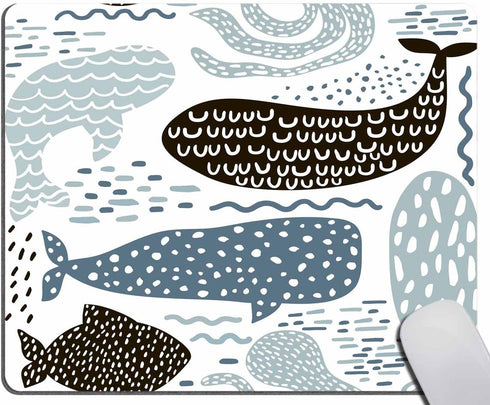 Rectangular Mouse Pad, Non-Slip Rubber MousePads for Office Home Laptop, Black Abstract with Nautical Sea Animal Fur Seal Whale Octopus Fish in Pa...