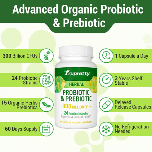Probiotics for Women Men- 300 Billion CFU, 24 Strains Probiotics+15 Organic Herbs Prebiotics Blend, Pre and Probiotics, Probiotics for Digestive H...