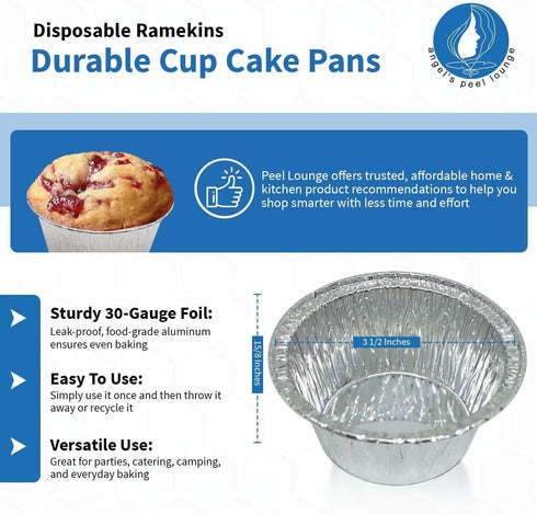 Angel's Peel Lounge Disposable Ramekins - Durable cup cake pans for baking - Aluminum Foil Ramekin for Tart, Appetizer-Utility, Muffin, Souffle, o...