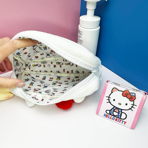 Kitty Travel Cosmetic Bag with Mirror and Hair Tie, Large Capacity Cartoon Cosmetic Pouch Makeup Bag with Zipper, Plush Travel Toiletry Bag Makeup...