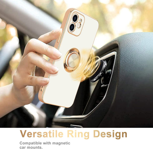 for iPhone 12 Phone Case with 360° Rotatable Finger Ring Holder Kickstand Magnetic Shiny Gold Plated Edge for Women Men Shockproof Soft TPU Protec...